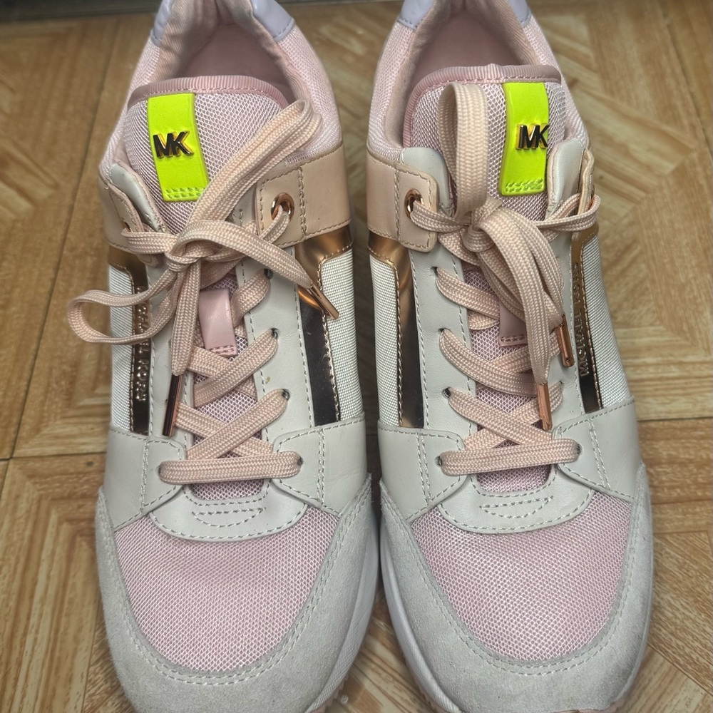Michael Kors Pink and White Sneakers with Gold Accents